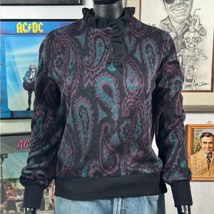 Vintage 80s 90s Paisley Sweater Easy Wear by Braesley Black Purple Knit Pullover
